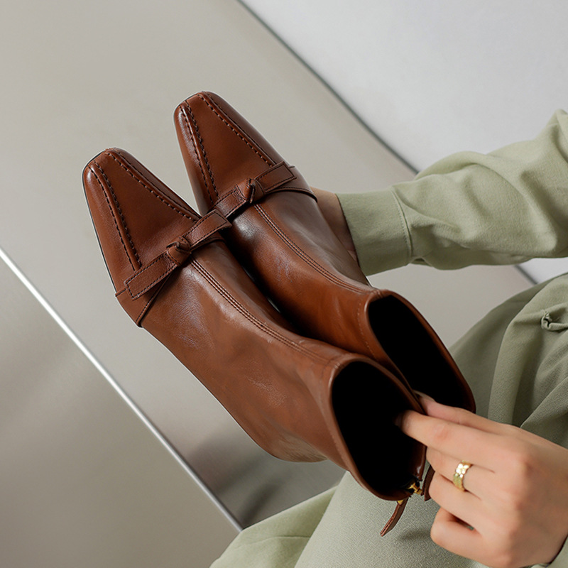 Retro leather elastic low boots square toe stiletto heels with bow