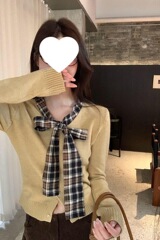秋冬新款V领针织开衫女韩系穿搭假两件上衣外搭毛衣外套冰丝常规