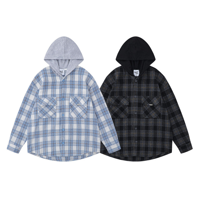 American Retro Loose Plaid Hooded Shirt Trendy Brand Men's Spring & Fall Plaid Long-sleeved Color-blocked Hooded Shirt Jacket