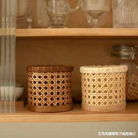 手工编织笔筒小花圆筒白藤编篮小餐具篮筐收纳筐柱形小杂物.