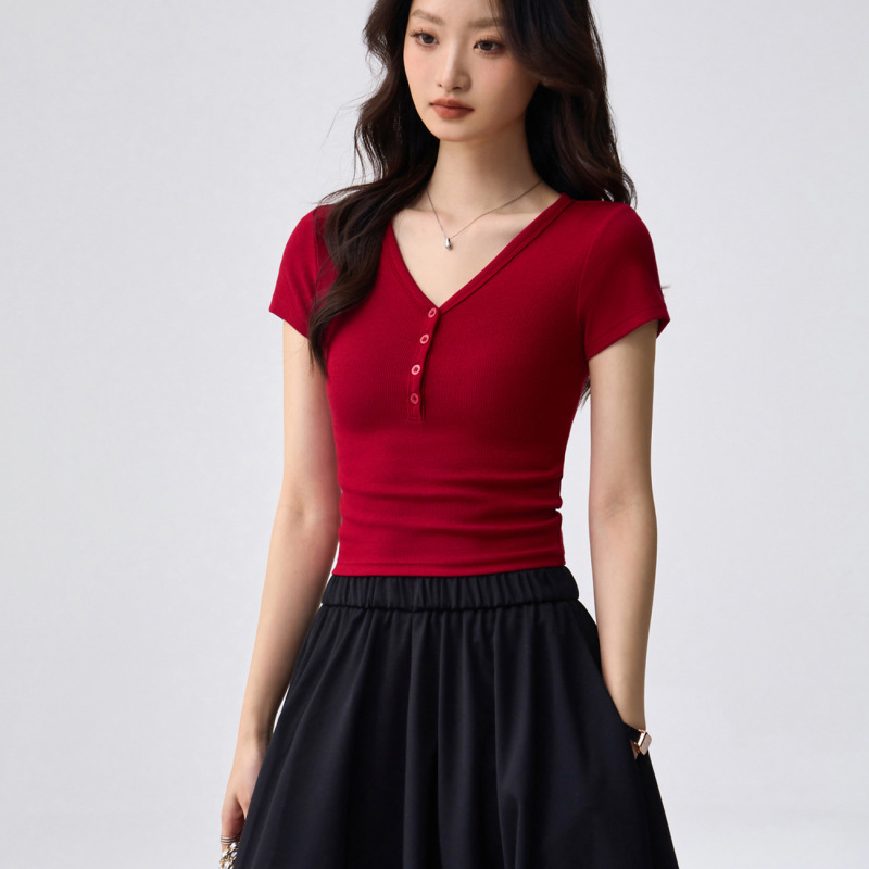 260g Ecosilk Henry Button Short Sleeve T-Shirt for Women, New Summer Style, V-Neck, High Waist, Short Slim Fit, Elegant Top