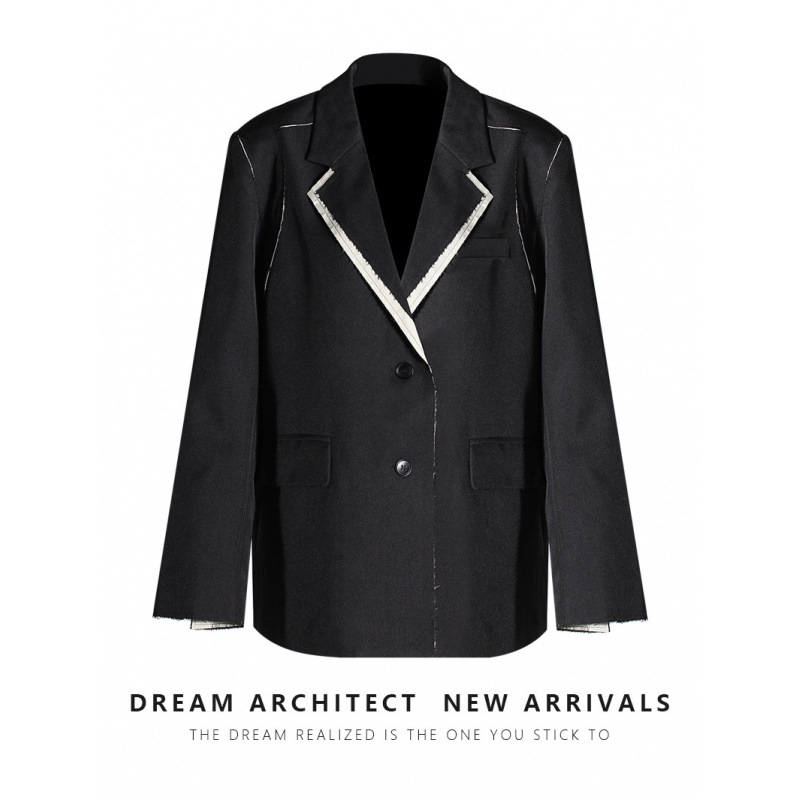 European and American Retro Color-Blocking Small Blazer for Women, Autumn 2025 New Style with Raw Edge Design, Loose Casual Trendy Jacket