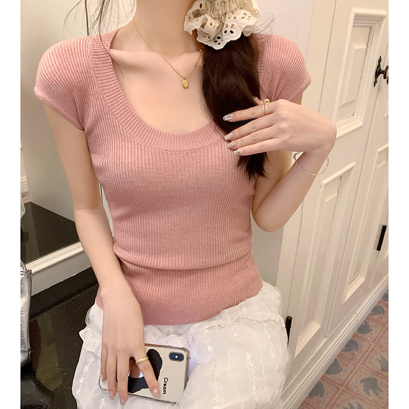 Pink U-neck short-sleeved sweater for women 2023 Summer new Ice Silk slim-fit slimming bottoming shirt simple all-match top