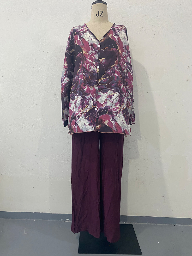 Spring Hand Painted Printed Shirt Top Wide Leg Pants Two Piece Women Clothing
