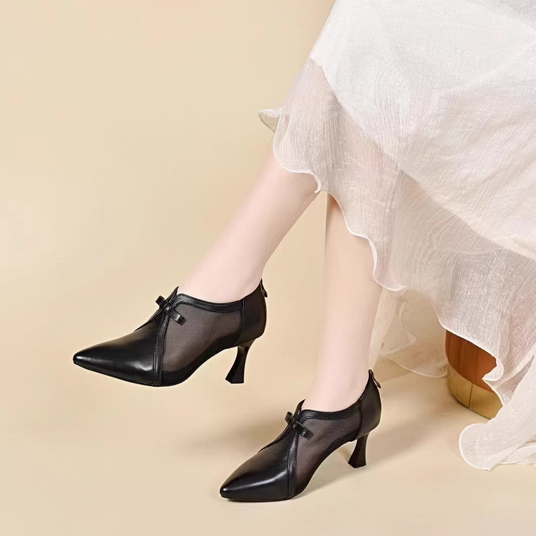 Giày cao gót nữ mũi nhọn lưới da thật gót vừa thoáng khí — đen