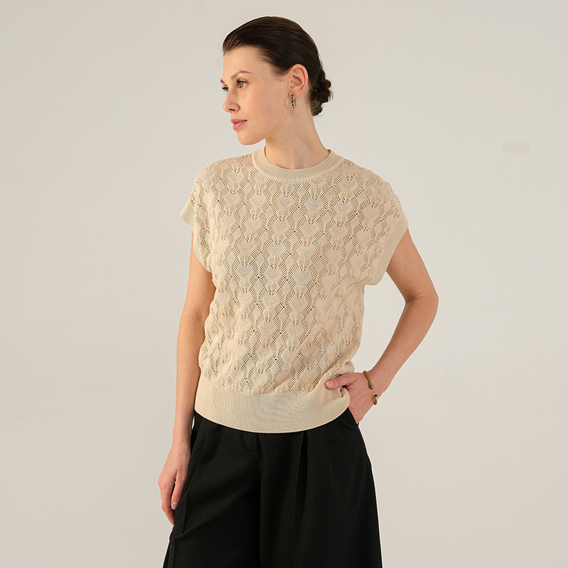 Spring and Summer New Elegant Mesh Crochet Hollow 100 Cotton Sleeve Round Neck Sweater Women's Loose Slimming Top