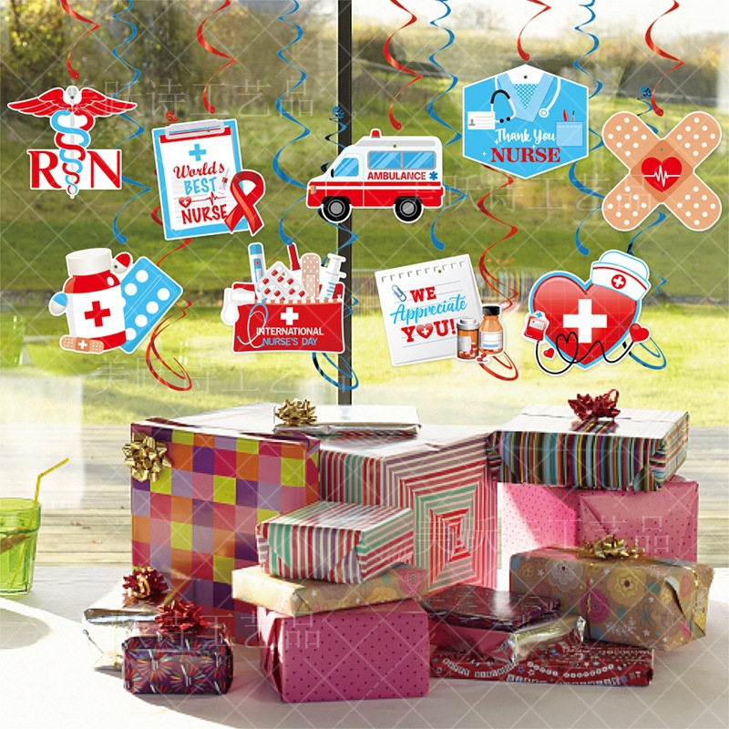 Europea y Americana enfermera decoración del partido del festival etiqueta en espiral diseño del techo enfermera espiral colgando decoración del Festival de la enfermera