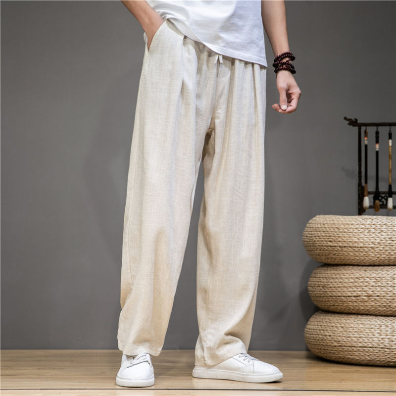 Linen Pants Men's Cotton and Linen Pants Summer Men's Casual Trousers Spring and Autumn Loose Wide Leg Pants Straight Men's Sports Pants