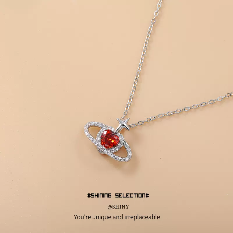 跨境时尚微镶满钻桃心星球项链女小众风设计感星球铜合金锁骨链