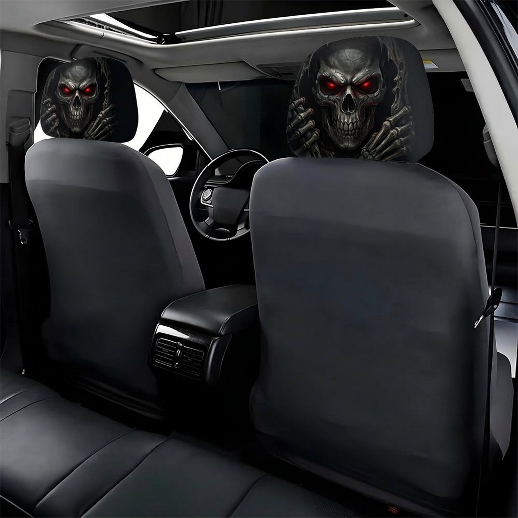 Car Headrest Cover with Red-Eyed Skull Personalized Print, Universal Neck Pillow Cover for Car Interior, Can Be Labeled and Shipped, Custom Production from Provided Images