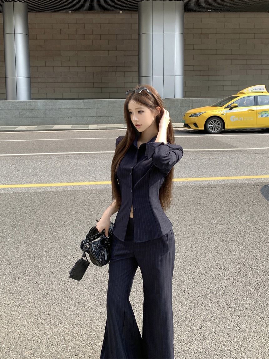 GraceChic GraceChic Elegant Sister Style With Collared Long Sleeve Striped Shirt And Flared Casual Pants For Women In Autumn Two-Piece Set_voghion.com