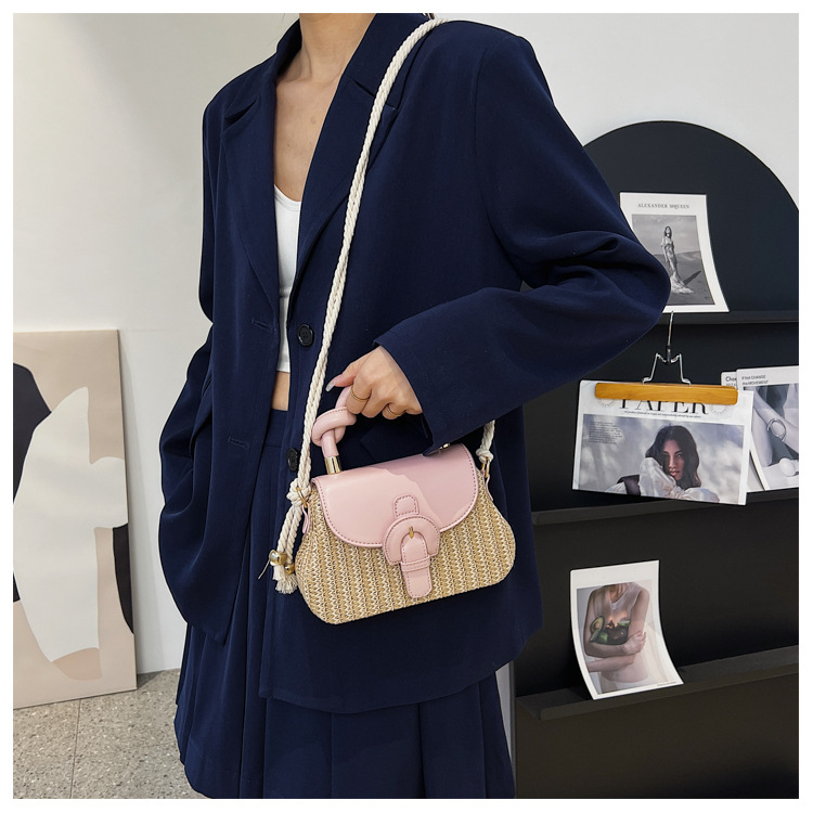 Straw Bag Bags Type Women's Medium Straw Color Block Vacation Beach Weave Square Lock Clasp Straw Bag