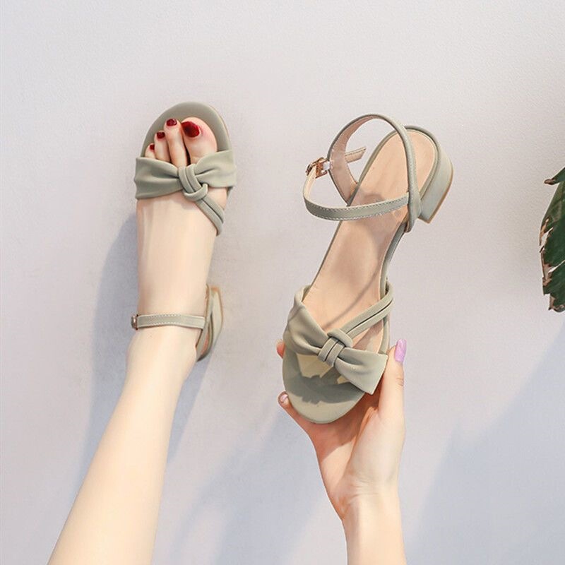 Chunky Heel Sandals for Women 2023 New Spring and Summer Fashion Casual Mid-Heel Open-Toe Bow Tie Hollow Shoes