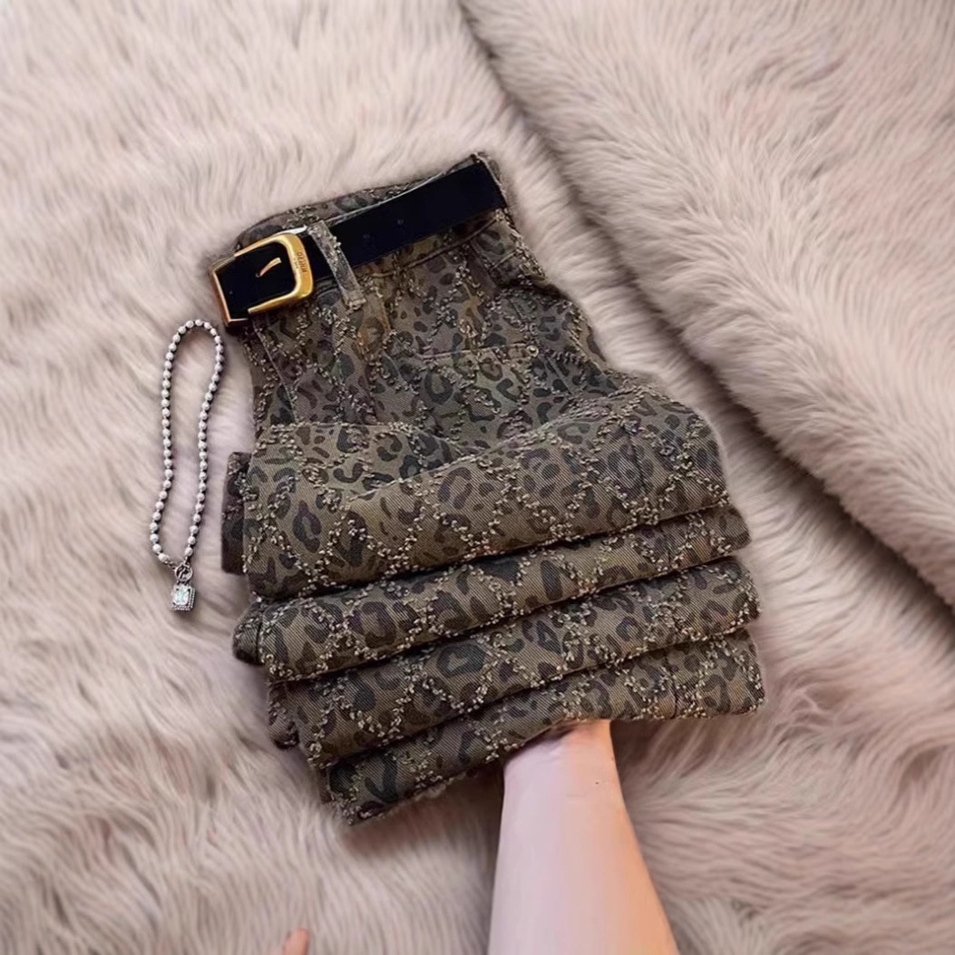 2025 Spring and Autumn New High-End Leopard Print High Waist Slim Jeans Women's Street American Retro Casual Pants