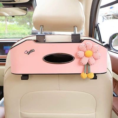 Car cup holder/beverage holder: interior organizer, tissue box, front - pink-waffle-sunflower-chair-back-storage-box-pink