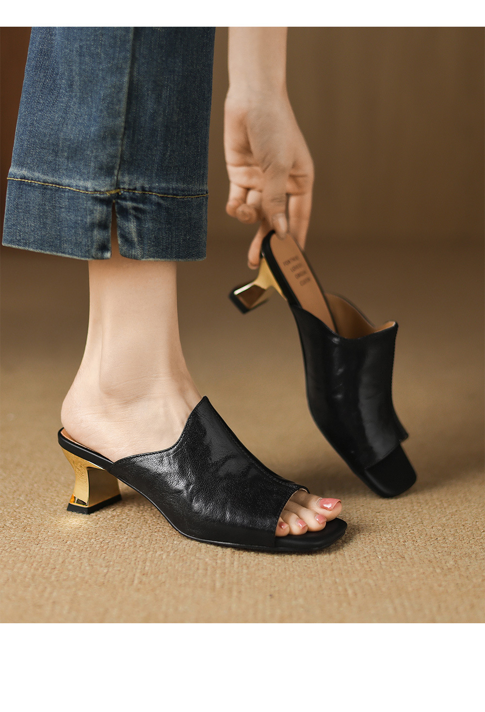 Sandal cao gót nữ hở mũi quai ngang da cừu gót 5 cm — đen chi tiết 8