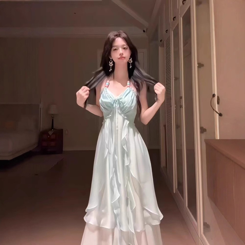 Kikyo House Seaside Resort Style Spaghetti Strap Dress for Women 2026 Summer New Style Atmospheric Backless Long Dress