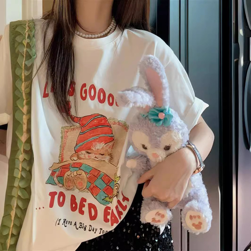 Short-Sleeved T-Shirt for Women, Mid-Length, Pure Cotton, Letter Cartoon Print, Loose Fit, Dopamine Spring Top, Loose Style