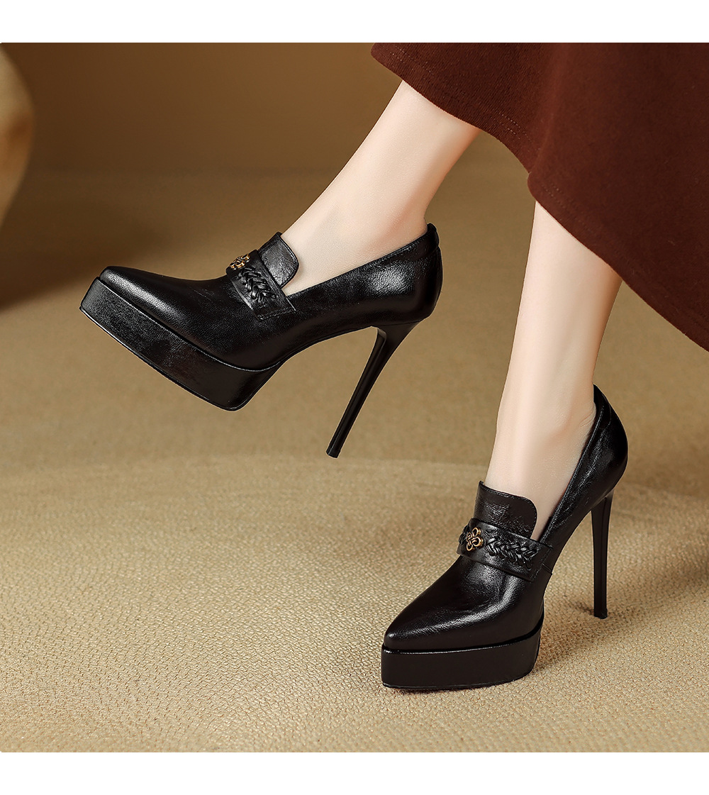 Giày cao gót mũi nhọn phong cách Pháp cổ điển, đế platform dày, gót nhọn 9 cm, không mỏi chân — màu nâu, màu đen chi tiết 6