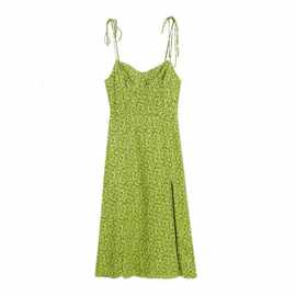 跨境欧美女装女装高腰修身绿色花朵印花连衣裙下摆开叉吊一件代发