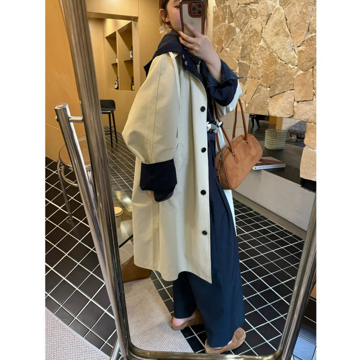 Casual Hooded Girly Style Mid-Length Color-Blocked Loose Striped Sleeves Korean Style College Style for Women