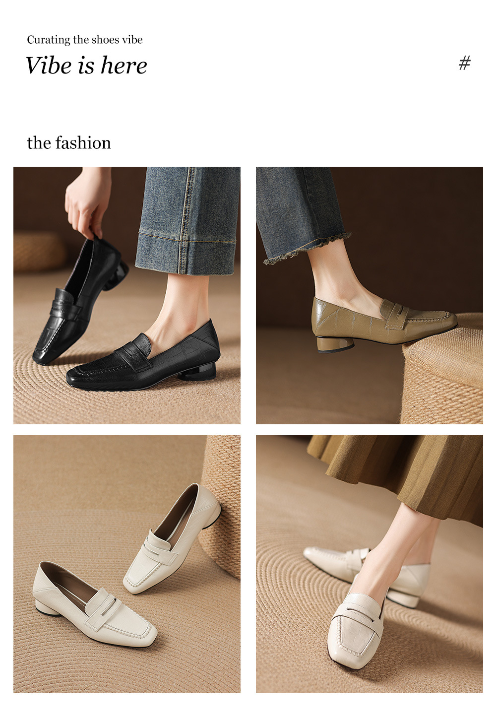 Giày loafer nữ da dê mũi vuông gót thấp cổ điển — đen chi tiết 1