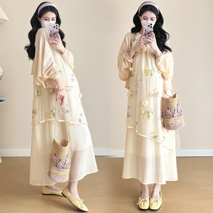 in stock French Neck Pregnant Women's dress Three-dimensional Flower Embroidered Fairy Dress Pregnant Women's Dress Sunscreen Pregnant Women's suit