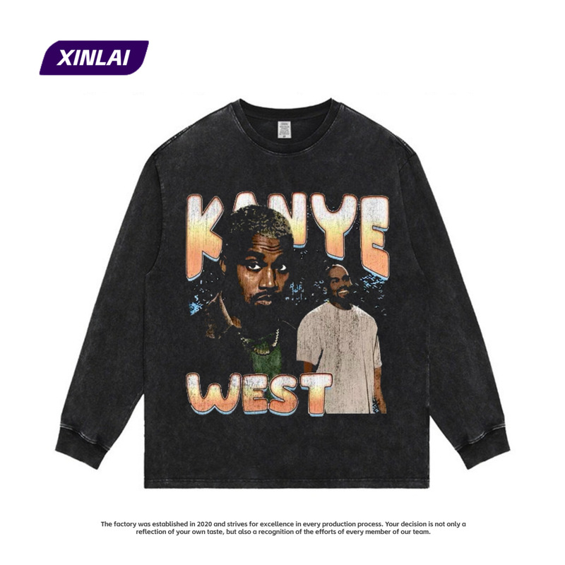 Kanye West Kanye hip hop retro portrait Vintage short sleeve rap long sleeve T-shirt loose Te wholesale