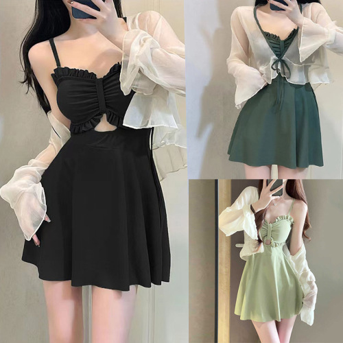 Women's swimsuit one-piece suspender two-piece sun protection long-sleeved small coat dress conservative hot spring swimsuit slim vacation