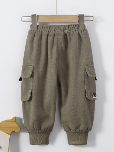 Children's new label striped casual pants cartoon art retro plus thin velvet baby all-match embroidered casual pants