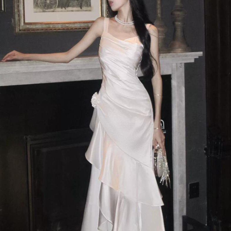 【Beloved Prologue】French-Style Satin White Dress for Women with Straps and Irregular Fishtail Skirt Long Dress