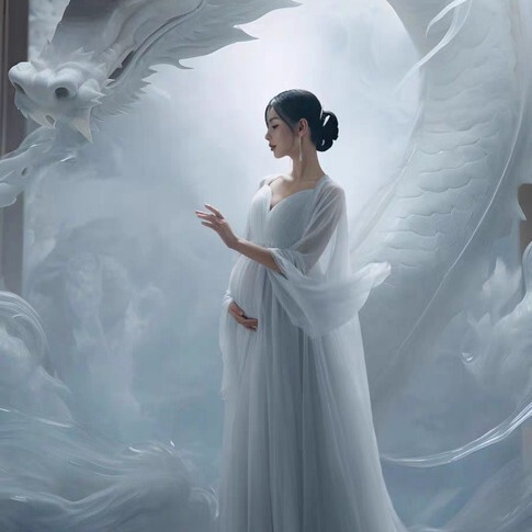 Studio theme Dragon year new AI pregnant women photography clothing pregnant mommy big belly photo fairy white chiffon dress