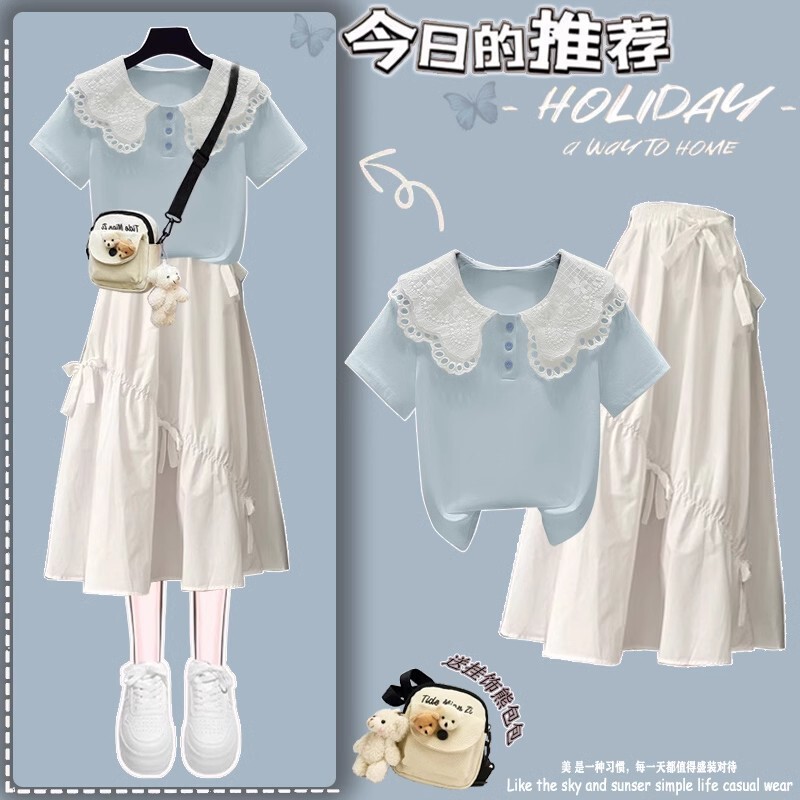 dress Women's Summer Dress Sweet Junior High School Student Girl Doll Collar Short Sleeve Skirt High School Student suit Skirt