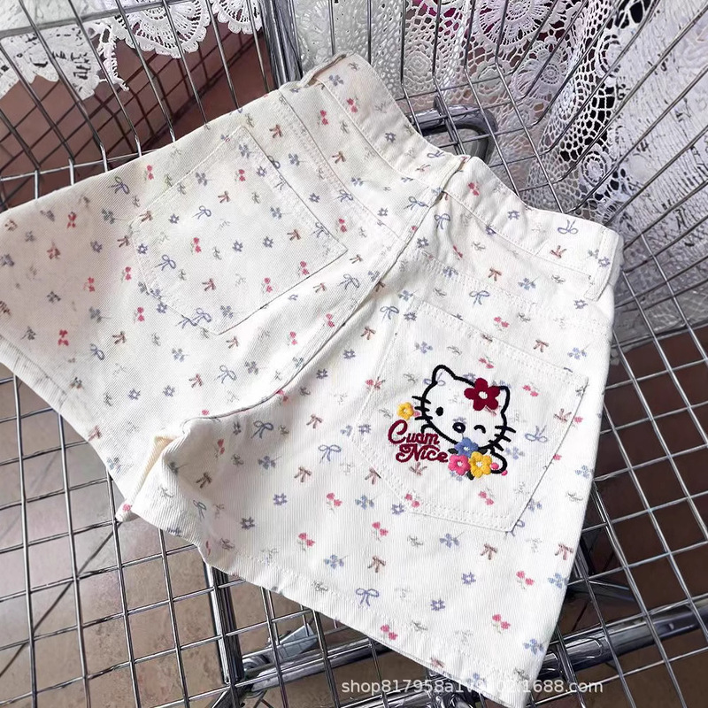 Bow Cherry Cute Kitty Cat Denim Shorts Women's 2025 New Summer High Waist A- shaped Wide-leg Hot Pants