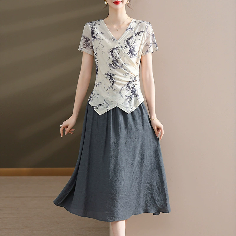 Летний костюм для мамы, модный летний костюм 2025 года, новый китайский стиль, китайский стиль, универсальный комплект из юбки и топа для женщин среднего возраста