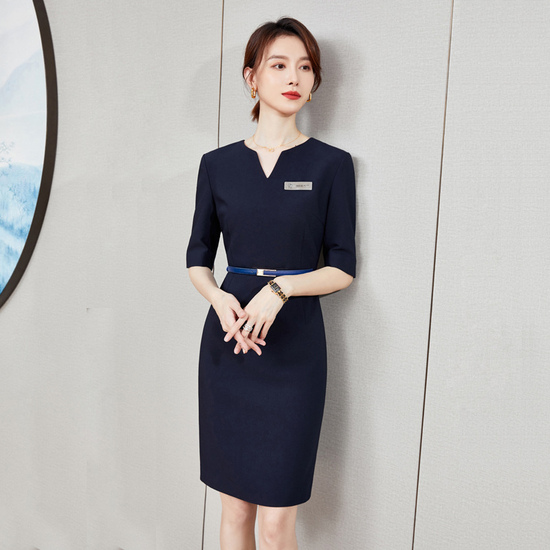 Đầm liền công sở tay ngắn dáng ôm thanh lịch — Màu xám (ngắn tay)