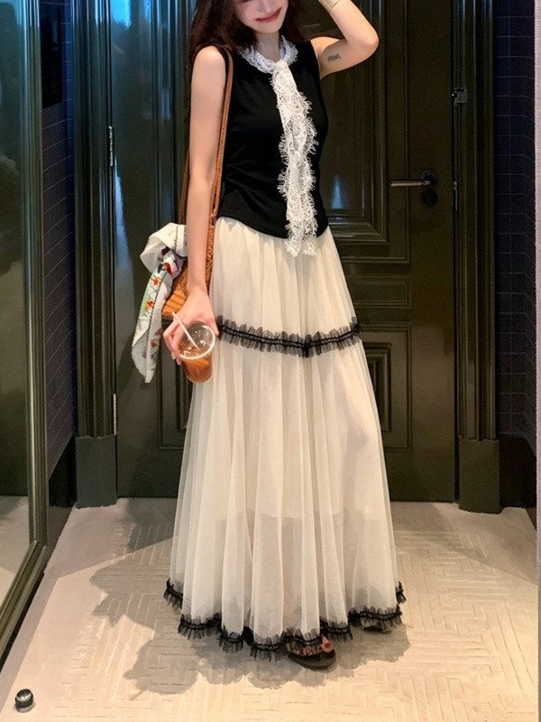 Lace Ribbon Top, Mesh Fluffy High-Waisted Skirt Set, Women's Summer Elegant and Sweet Slimming Two-Piece Set