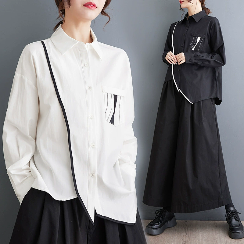 Реальная весенняя новая мода асимметричный дизайн рубашки нишевые повседневные нерегулярные топы