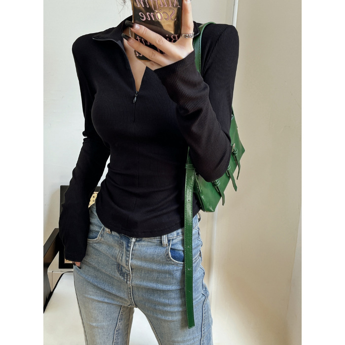純欲立襟の中に長袖tシャツの女性秋冬ファスナーを掛けて腰を絞めて身を修めて腰の短いタイプの底のシャツの上着を収めます。|undefined