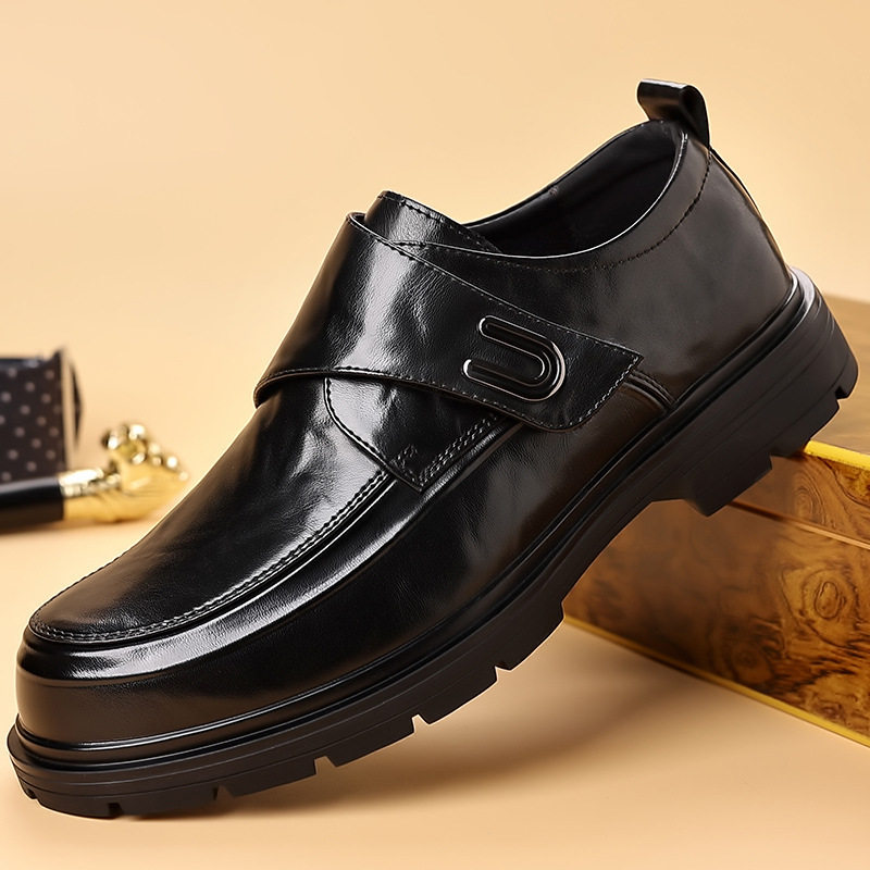 Giày da nam xỏ chân kiểu lười dán Velcro cổ thấp , gót 3–5 cm — bông đen, đơn màu nâu, đơn màu đen