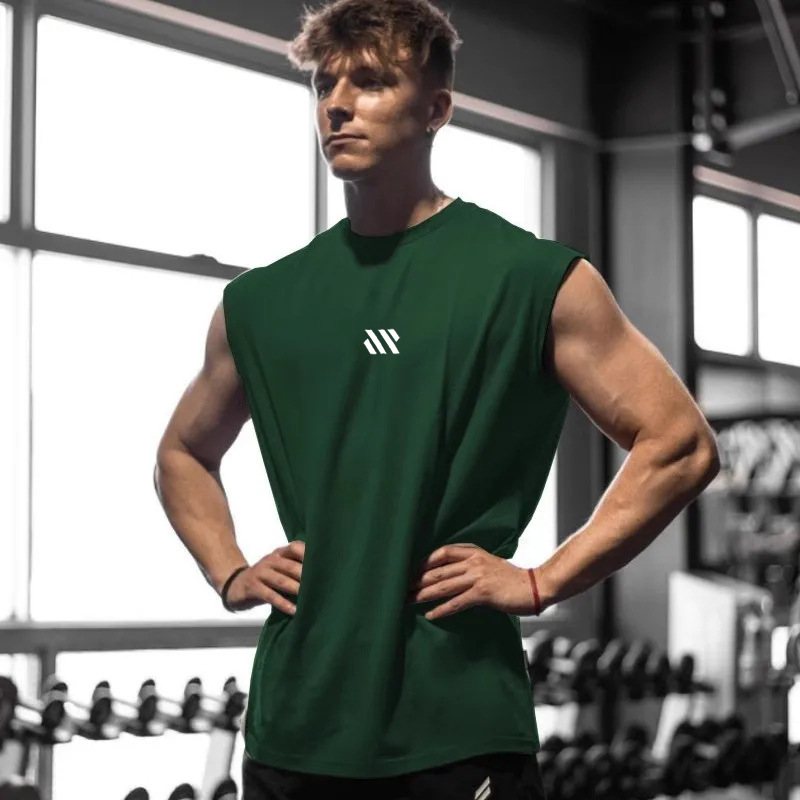 Summer men's wide-shoulder casual sleeveless T-shirt, sports quick-dry tank top, mesh fitness clothing, loose and breathable training T-shirt