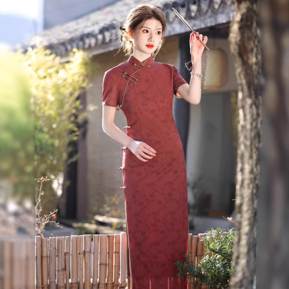 Spring and summer 2025 new mesh printed double-layer long cheongsam red engagement toast elegant cheongsam