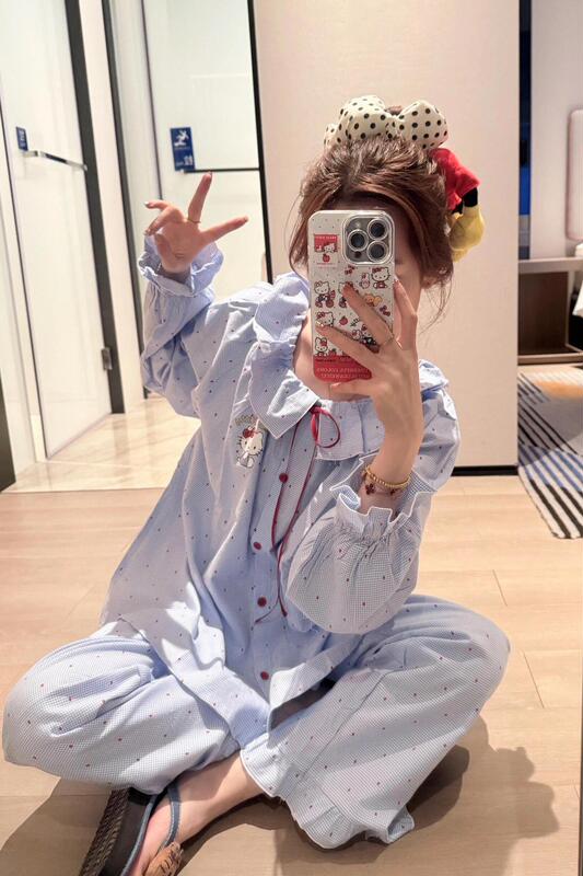 少女可爱HelloKitty睡衣女春秋新款蓝色花边长袖长裤家居服两件套|undefined