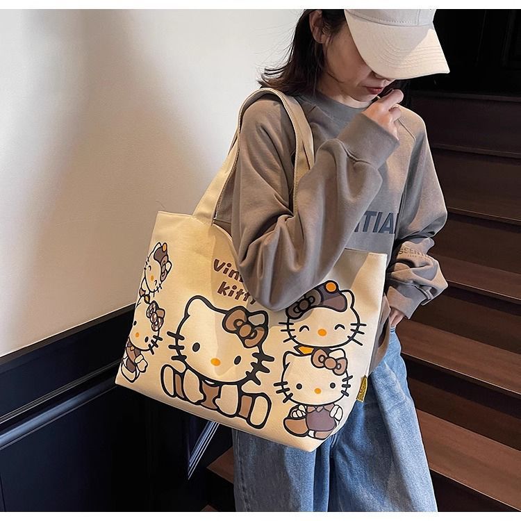 Cartoon canvas single-shoulder bag, women's large-capacity commuter tote bag, Spring/Summer 2025, cute cat tote bag, cross-border undefined