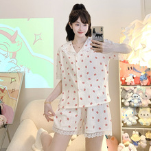 现货新款睡衣女夏季65潮针织棉开衫圆领甜美双短家居服薄款套包邮