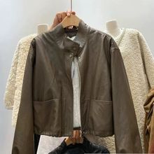 韩系立领加绒毛内胆皮衣外套女冬帅气抽绳收腰机车服加厚保暖夹克