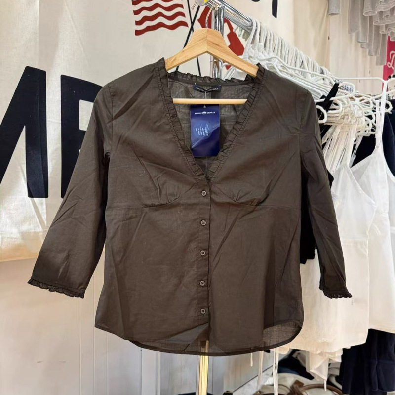 Bm Style New Dark Brown Ruffled V Neck Button-Down Shirt Women's Thin Slim Button-Down Three-Quarter Sleeve Lace Shirt