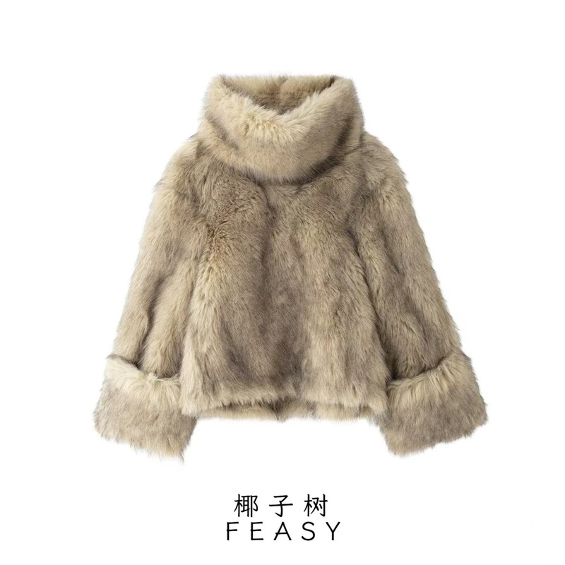 Amazon cross-border foreign trade European and American women's 2024 autumn and winter new stand collar long sleeve artificial fur effect sweater