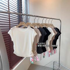 2025 快適テンセルウールウエストプリーツスリムUネックラウンドネックバットスリーブ半袖Tシャツ夏