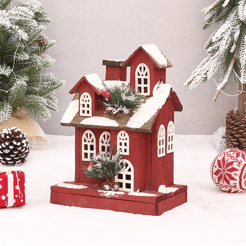 Beleuchtete rote Weihnachtshütte aus Holz – Verschneite Dorfkirche & Hausdekoration für festliche Tisch-, Kaminsims- oder Weihnachtsbaumszenen (4 einzigartige Designs)_voghion.com